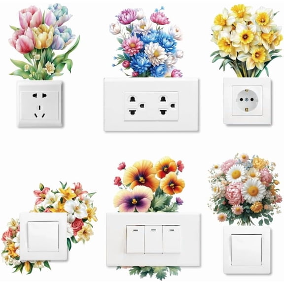 6 Types Flowers Light Switch Stickers Fresh Plants Wall Sticker Colorful Flowers Switch Decals for DIY handcrafting