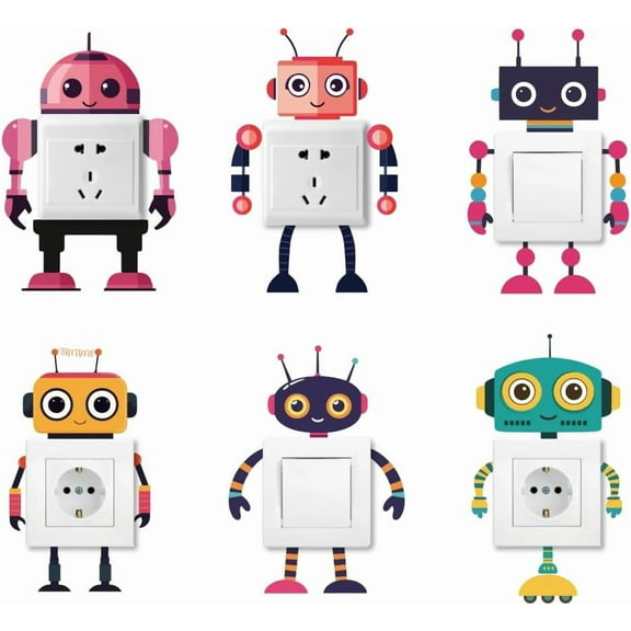 6 Types Funny Robot Light Switch Stickers Colorful Cartoon Robot Theme Wall Sticker Switch Decals for Light Switch Outlets Ledge Bedroom Living Room Classroom colorful