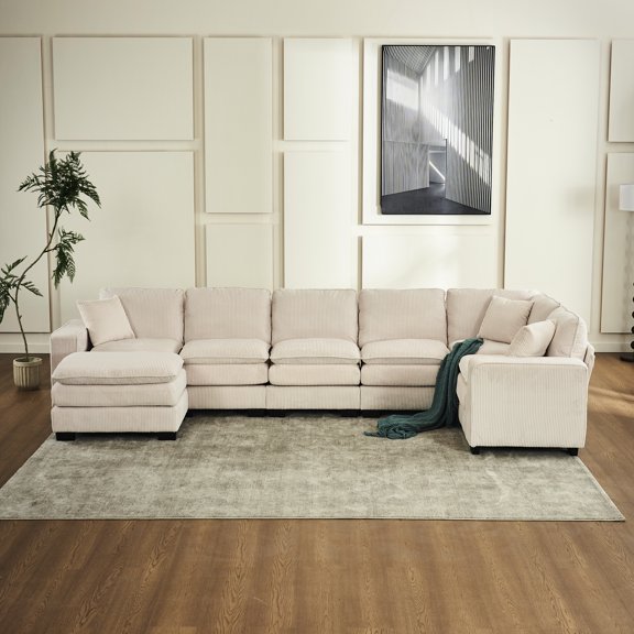6 U Shaped Sectional , With And 3 Pillows, Corduroy Living Room Charming 6 Seats, Upholstery, Comfortable Furniture