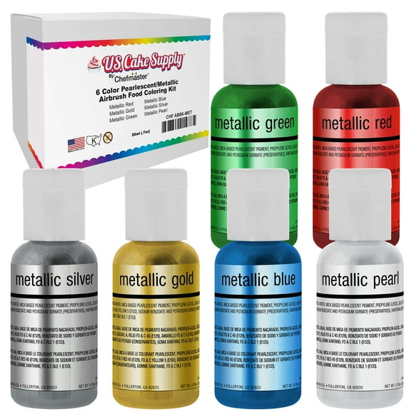 6 US Cake Supply Airbrush Cake Pearlescent Shimmer Metallic Colors in 0.64 fl.oz.