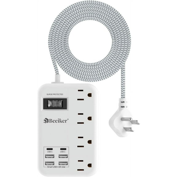 6 USB(2 USB C) Surge Protector Power Strip- 5Ft Travel Strip with 4.8A Charging Station and 4 Extendable Outlet, 13A Flat Plug Braided Extension Cord Wall Mount for Office Dorm