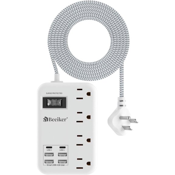 6 USB(2 USB C) Sur Protector trip- 5Ft Travel trip with 4.8A USB Charging Station and 4 Extendable Outlet, 13A Flat Plug Braided Extension Cord with Wall Mount for Travel Office Dorm