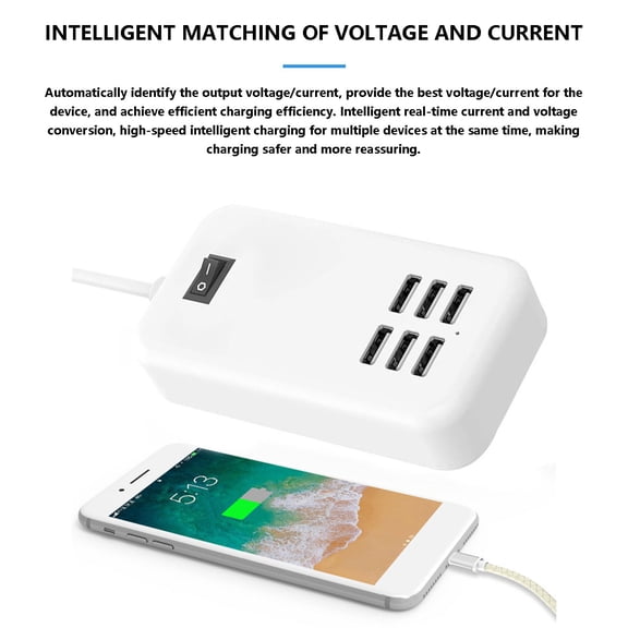 6 USB Ports Multi Port Fast Charging Plug, 1A 2A 5A High Speed Wall Charger Adapter for Smartphones Tablets Smart Devices