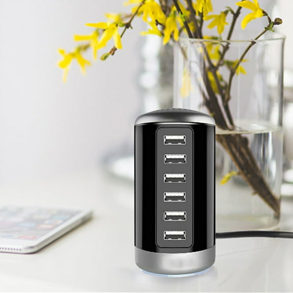 6A Multi-Port USB Cylindrical Charger, 6 Port Smart Fast Charging Socket, Universal Charging Hub for Mobile Devices, Tablets, Cameras & Small Electronics(Black)