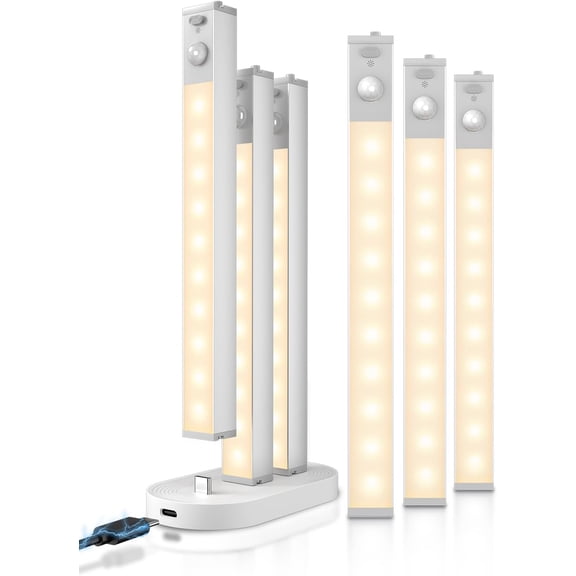6 Under Cabinet Lights with Station, 7'' Motion Sensor Light Indoor, Dimmable Closet Lights for Cabinets, Bookshelf, Stair, Hallway Warm White
