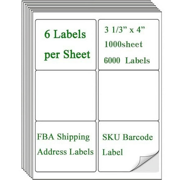 6 Up Shipping Address Labels, 3.33" X 4" (8164/5164) FBA SKU Barcode Label for Inkjet/Laser Printer (1000 Sheet -6000 Labels)