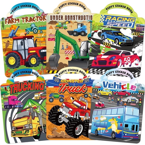 Elfew Puffy Sticker Book for Kids – 6 Themes (farm tractor, monster truck, vehicle, etc.) with 180+ 3D Stickers, Reusable Activity Book