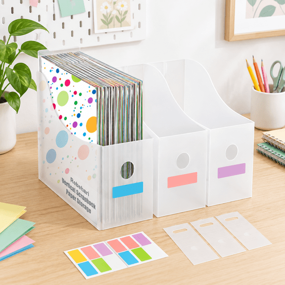 6 Vertical Desk File Organizer, Plastic Paper Folder Holder, 12x12 Inch Paper Storage with 18 Sticky Index Tabs