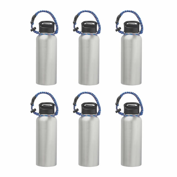 6 Vulcan Stainless Steel Water Bottles with Strap Set, 34 oz. - Double Wall, Vacuum Insulated - Silver