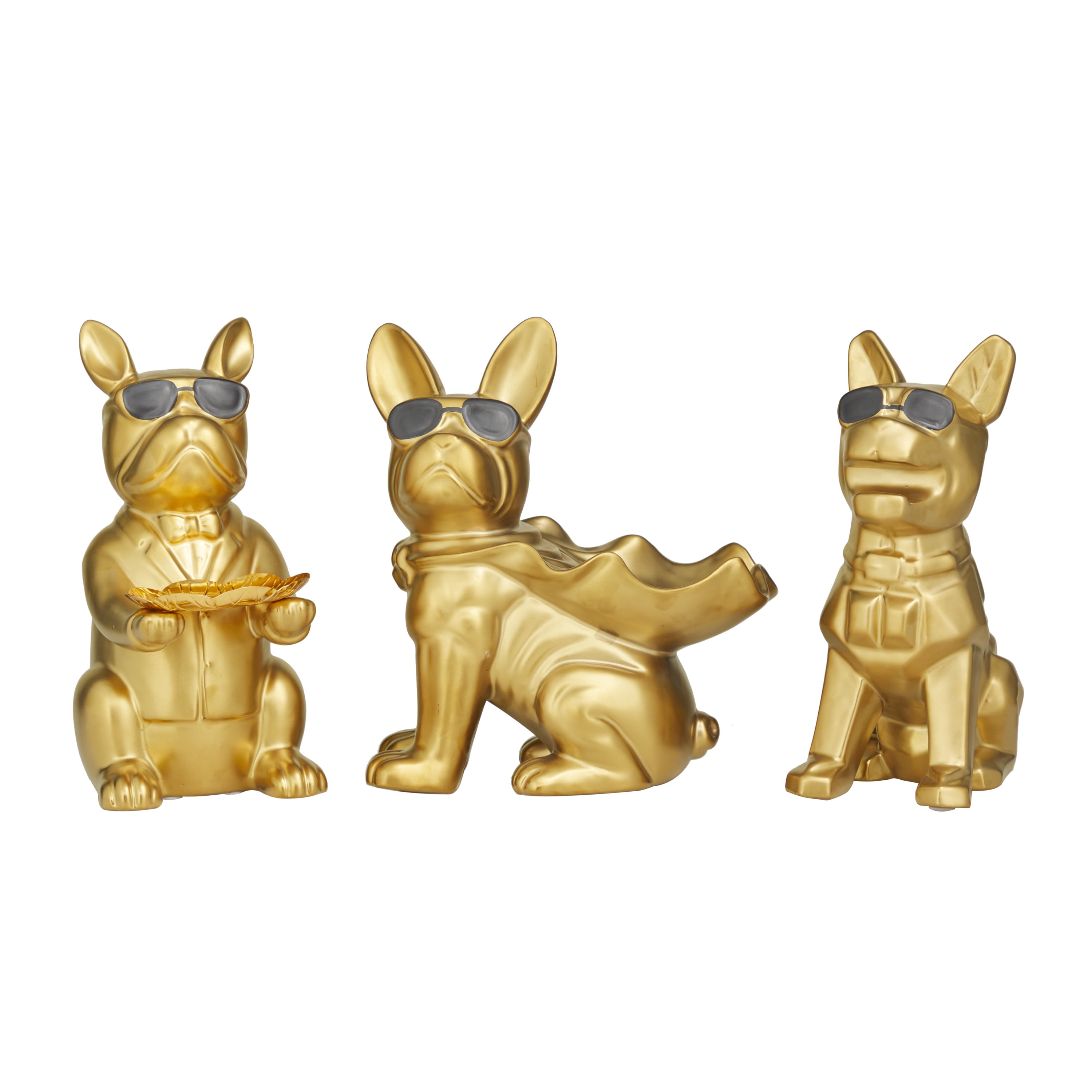 Gold Porcelain Bulldog Sculptures with Sunglasses, Set of 3