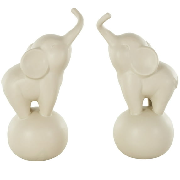 6"W, 11"H White Ceramic Trumpeting Elephant Sculpture with Round Base, by DecMode (2 Count)