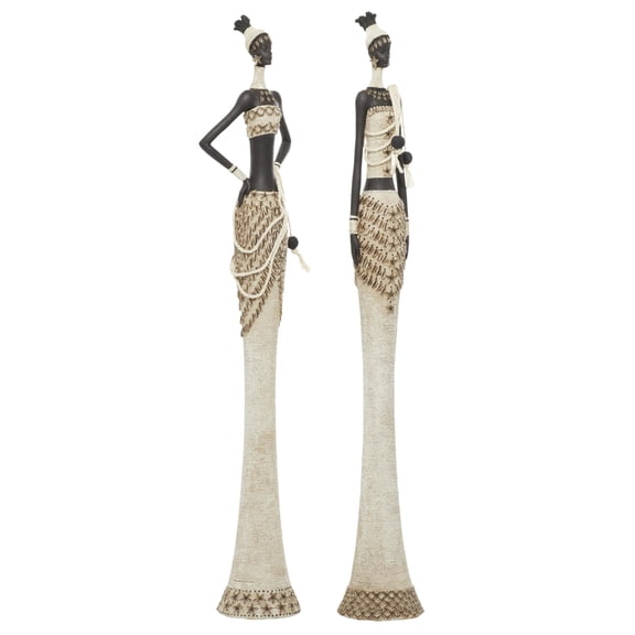 6"W, 31"H White Polyresin Handmade Standing African Woman Sculpture with Intricate Details, by DecMode (2 Count)