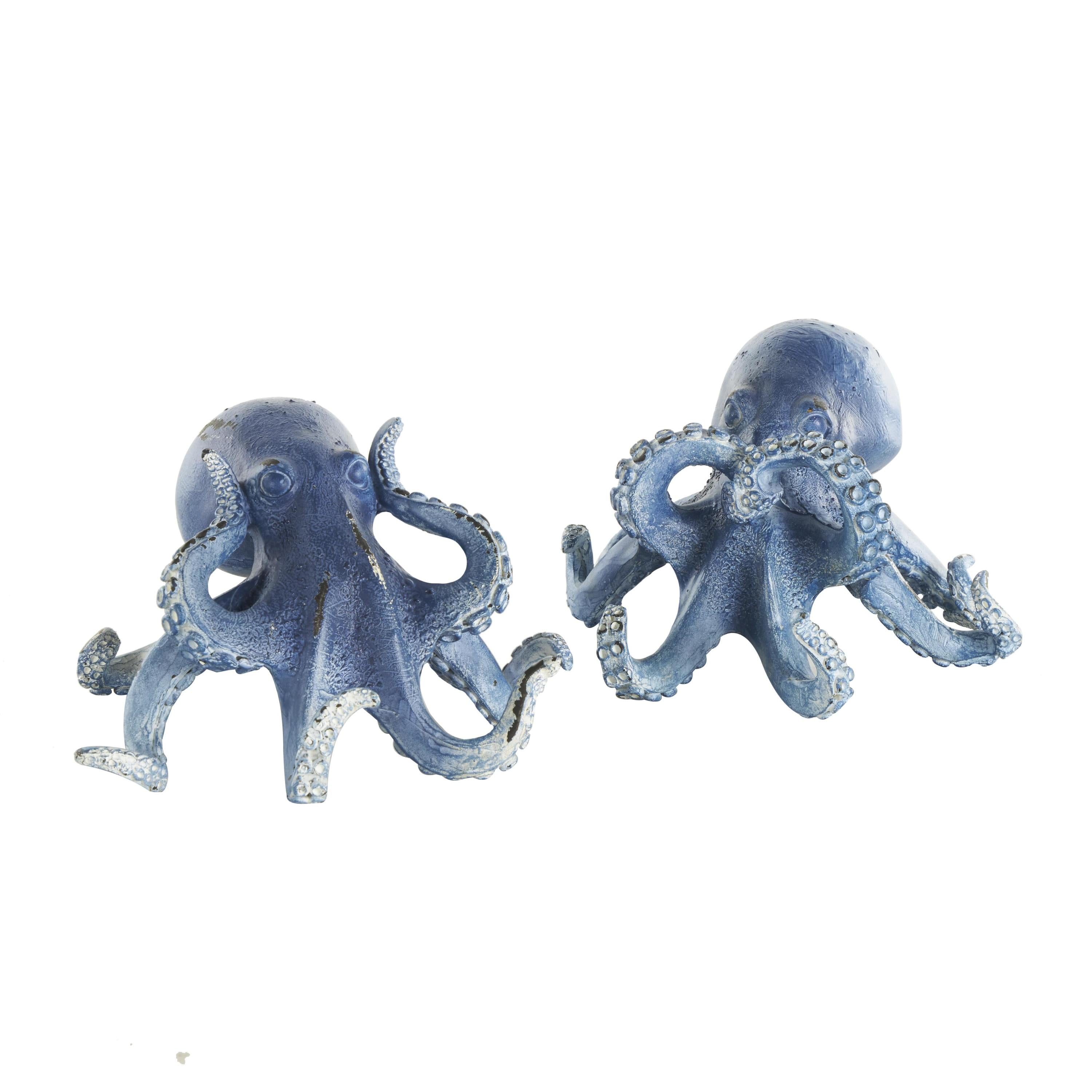 6"W, 4"H Dark Blue Polystone Small Distressed Octopus Sculpture, by DecMode (2 Count)