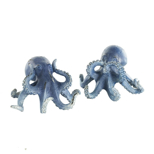 6"W, 4"H Dark Blue Polystone Small Distressed Octopus Sculpture, by DecMode (2 Count)