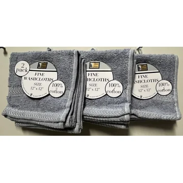 6 Wash Cloths, 12" x 12", Soft 100% Cotton with Shimmery Border, Gray