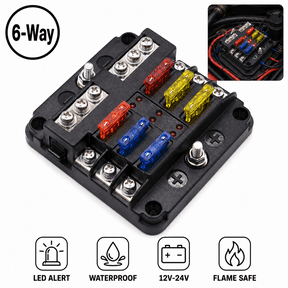 6-Way Automotive Fuse Block, 12V-24V Blade Fuse Box with 6 Ground Negative Busbar & LED Fault Indicator, Waterproof Power Distribution Block for Car, Boat, RV
