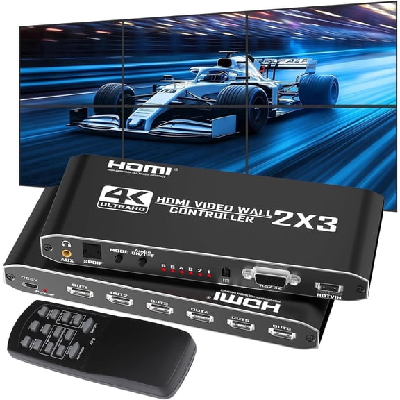 2x3 HDMI Video Wall Controller, 4K@30Hz Input, 6 HDMI Outputs, 14 Display Modes, 180 Rotation, RS232 & IR Remote