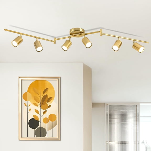 6 Ways Track Lighting, Rotatable Heads Tracks Light, Lightings Fixtures Ceiling with Foldable Arms, Brushed Gold Light for Kitchen, Living Room, Hallway(Bulbs Not Included)