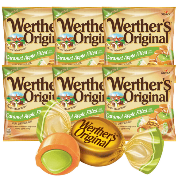 (6) Werther's Original Caramel Apple Filled Candy 2.22oz. Bag Hard Candy Shell with Creamy Filling for Snacks Trick or Treats Goodie Bag Filler Stocking Stuffers Pantry Staple & CUSTOM Storage Carrier
