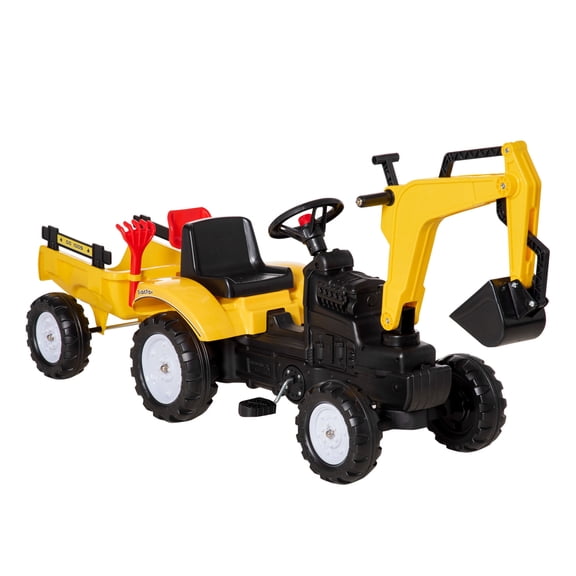 6 Wheel Ride on Digger Truck for Kids with Detachable Trailer, Yellow Excavator Ride On Toy Car with Horn, Pedal Powered Construction Vehicle for 3-6 Year Old, Iron Frame