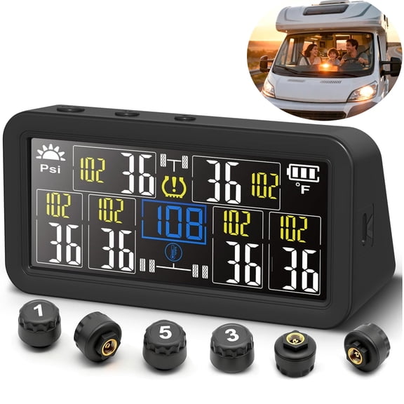 6-Wheel Tire Pressure Monitoring System, TPMS with 6 Sensors & 4" LCD, Solar & Type-C Dual Charging, Real-Time Pressure/Temp Alerts