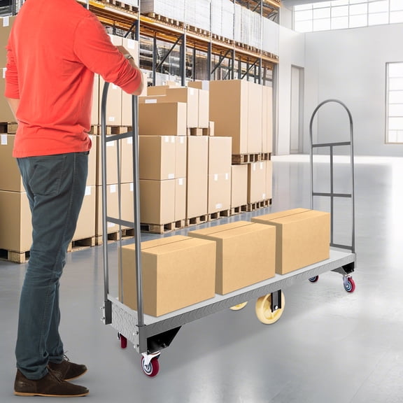6-Wheel U-Boat Cart 2000lbs Rectangular Gray Platform Truck Dolly for Warehouses Storage Rooms