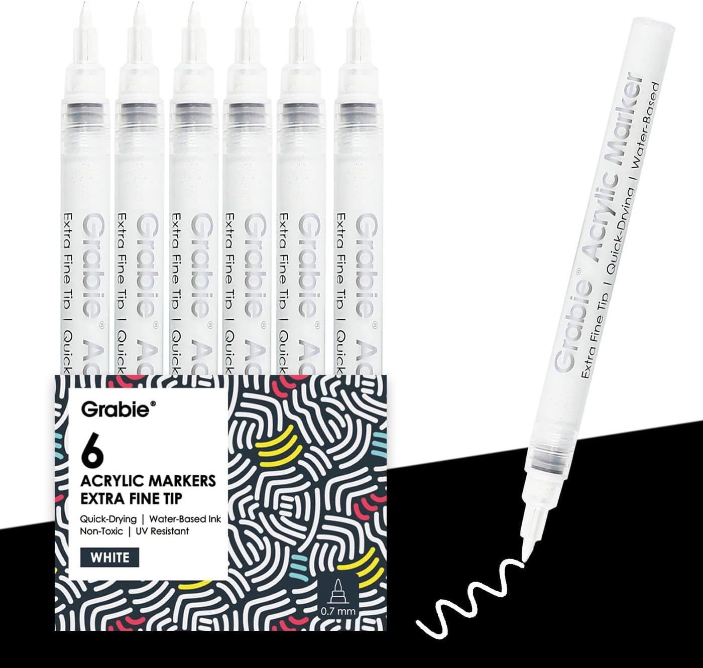6 White Acrylic Paint Markers, 0.7mm Extra Fine Tip Acrylic Paint Pens for Drawing, Coloring Books for Adults