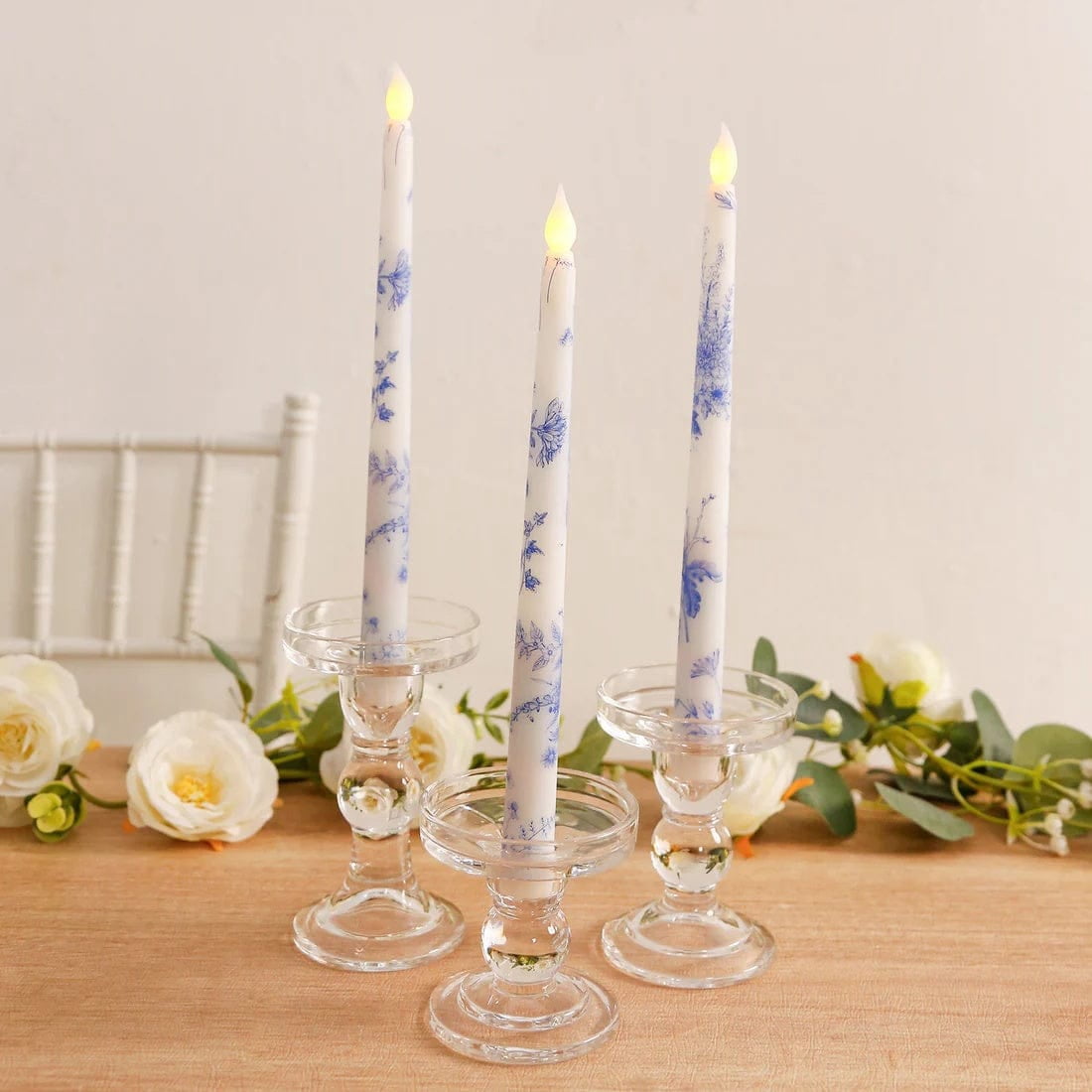 6 White Blue 11" tall French Toile Design Flameless LED Taper Candles Centerpieces