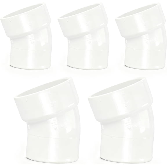 6" White PVC DWV 1/16 Bend 22.5° Street Elbow, Hub x Spigot Plumbing Fitting for Drain, Waste & Vent System, (5 Pack)