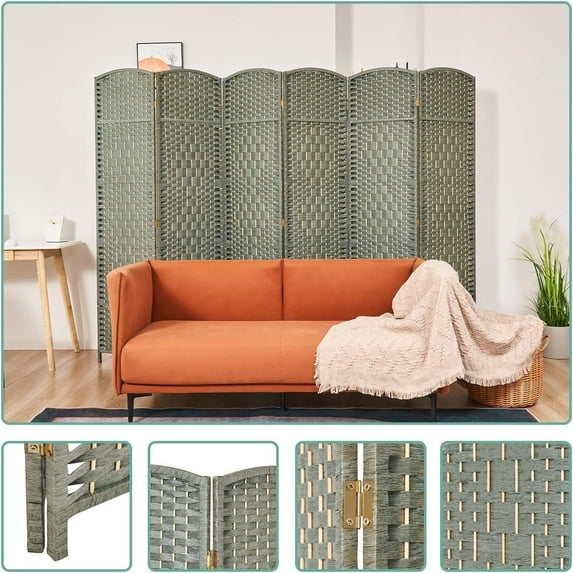 6 White Room Divider, 5.7 Foot Wooden Fiber Handmade Rattan Partition Panel, Foldable and Simple Mobile Folding Privacy Screens