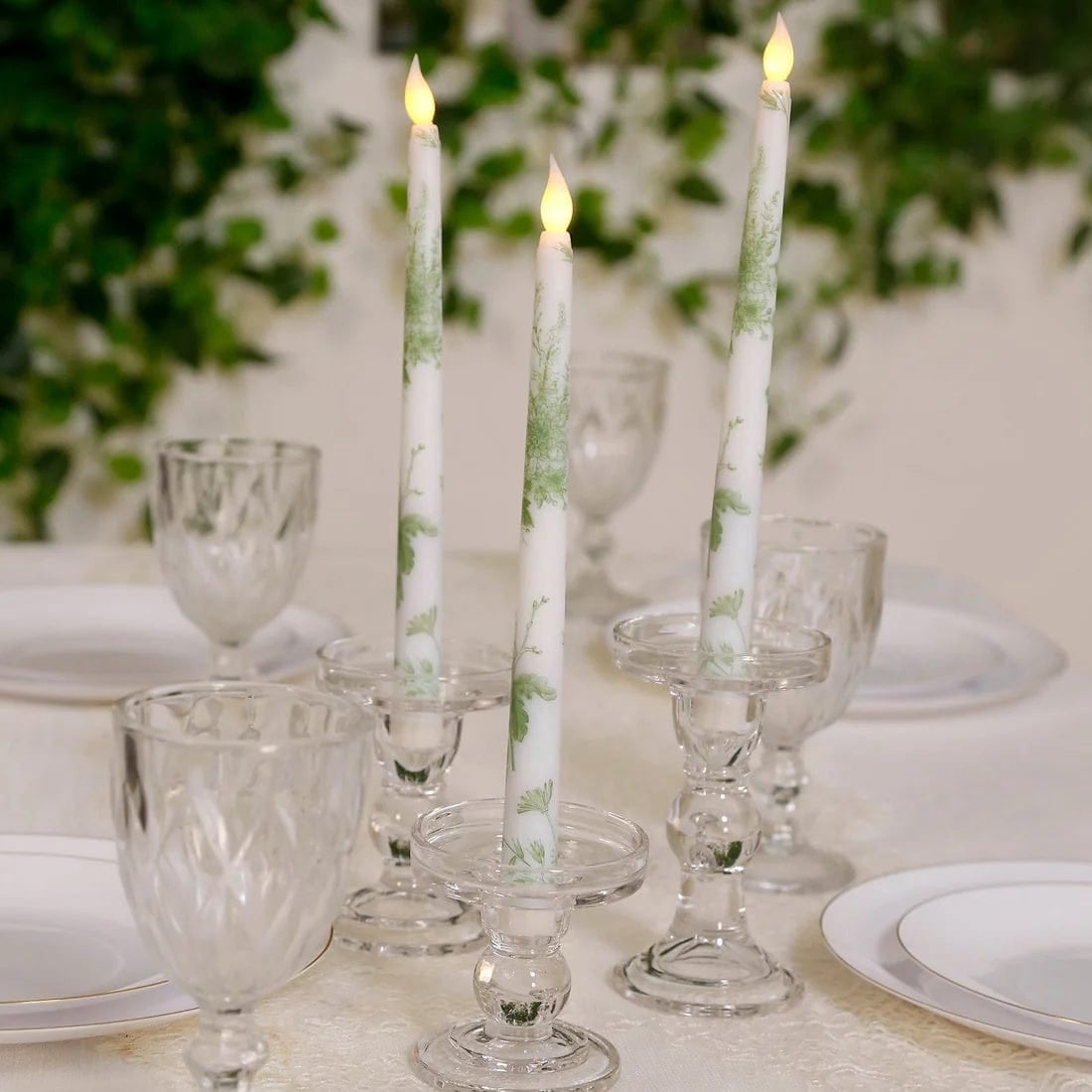 6 White Sage Green 11" tall French Toile Design Flameless LED Taper Candles Centerpieces