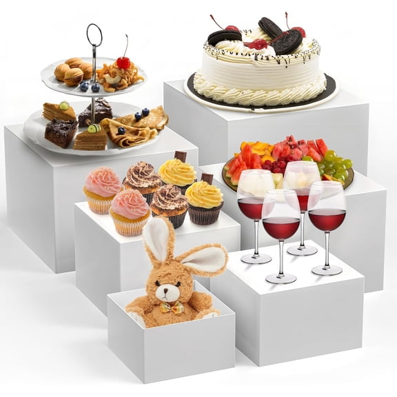 6- White Stackable Display Risers for Desserts - Multi-Sized  Stands for Bakery, Wedding, Buffet, and Retail Display (Nesting & Space-Saving)
