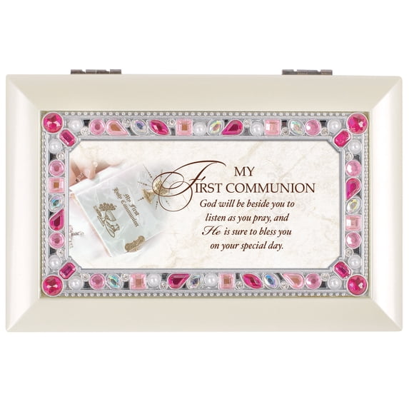 Cottage Garden - My First Communion God Listens Matte Ivory Jewelry Music Box Plays Jesus Loves Me