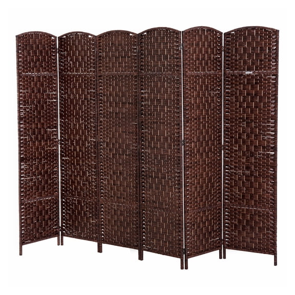 6' Wicker Room Divider 6 Panel - Brown Free Standing Privacy Screen, Poplar Wood Frame, Adjustable Folding Screen, Home Office Decor