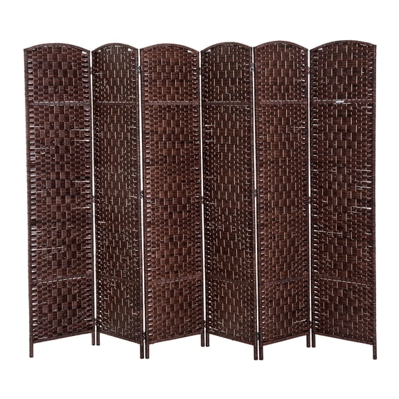 6' Wicker Room Divider 6 Panel - Brown Privacy Screen, Poplar Wood Frame, Folding Decorative Partition for Home Office, Adjustable Freestanding Screen