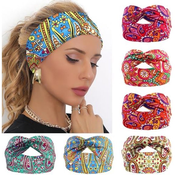 6  Wide Headbands for Women Boho Twist Knotted  Bands Elastic Stretchy Hair Bands Non-Slip for Girls  Knotted  Wraps Turbans Yoga Workout Hair Accessories (Geometric)