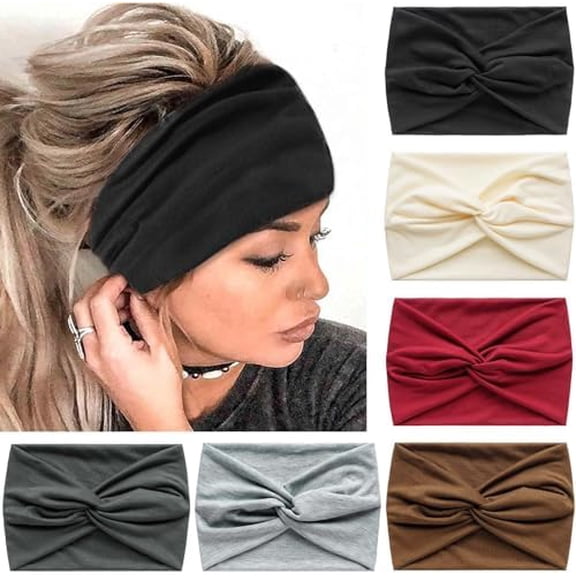6 Wide Headbands for Women Boho Twist Knotted Bands Elastic Stretchy Hair Bands Non-Slip for Girls Knotted Wraps Turbans Yoga Workout Hair Accessories (Solid)