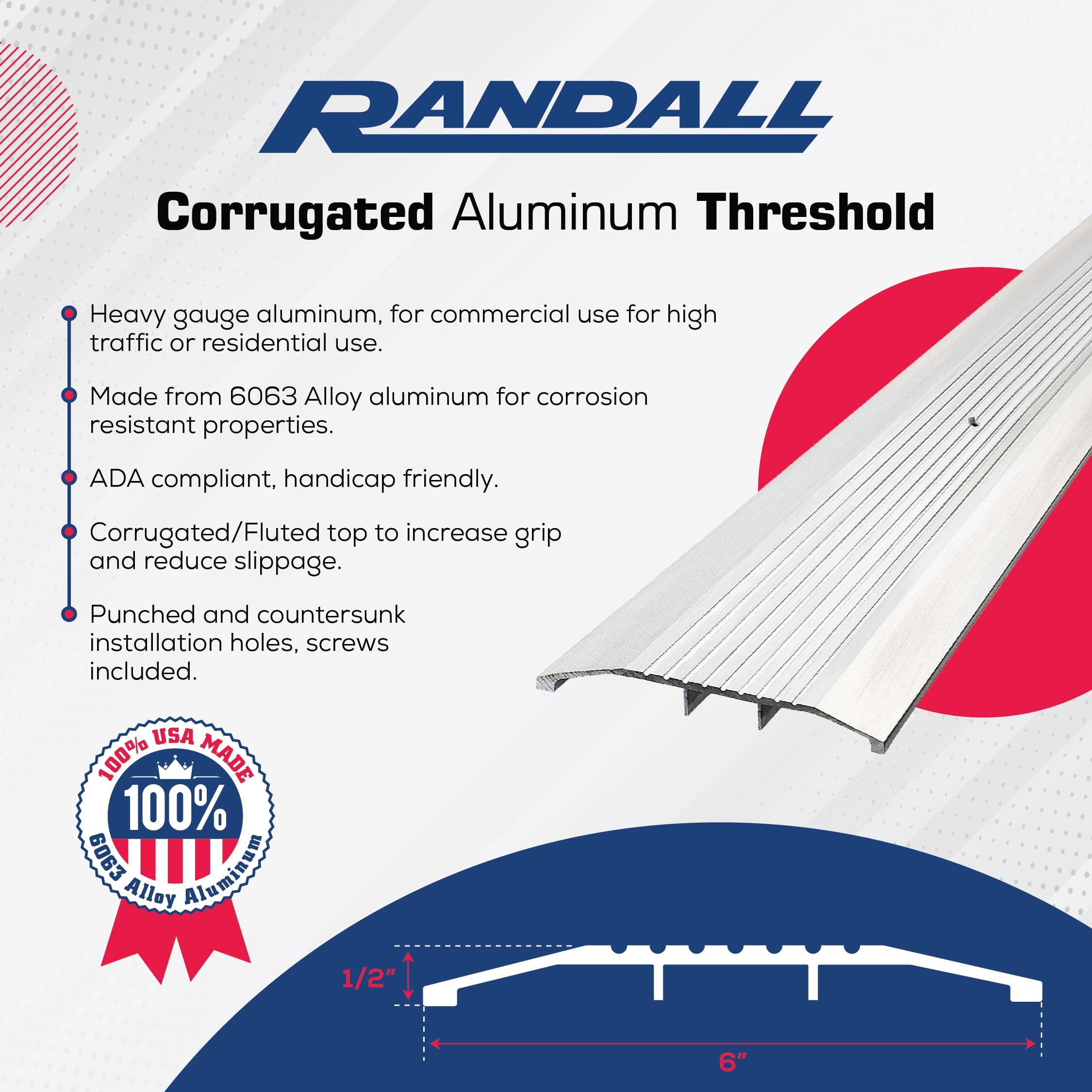 6" Wide x 1/2" High Heavy Duty Fluted Aluminum Threshold (3 FT ...