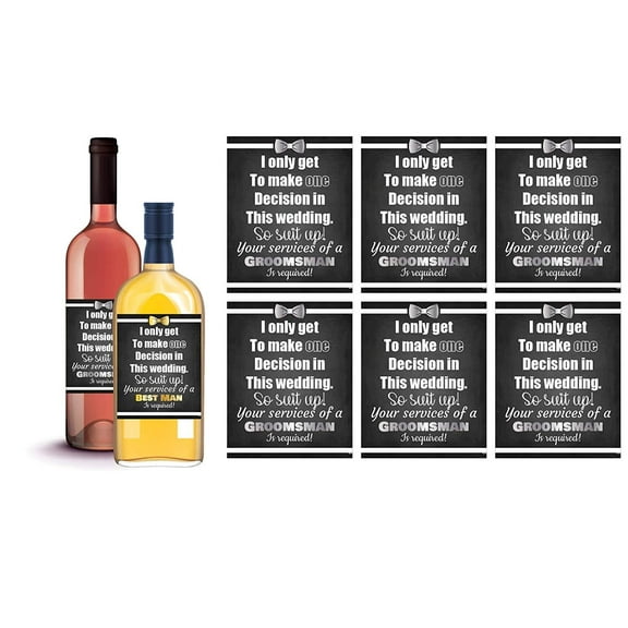6 Will You Be My Groomsman + 1 BONUS Best Man Proposal Wine Labels or Liquor Labels, Whisky, Vodka, Rum, Beer Bottle Labels or Stickers set, Groomsmen Party Favors, Party Decorations (Suit Up!)
