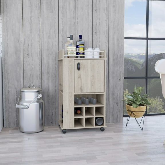 6 Wine Rack Bar Cart With Cabinet, Grey, Modern Decor, Engineered Wood Grey Built-in And Cabinet