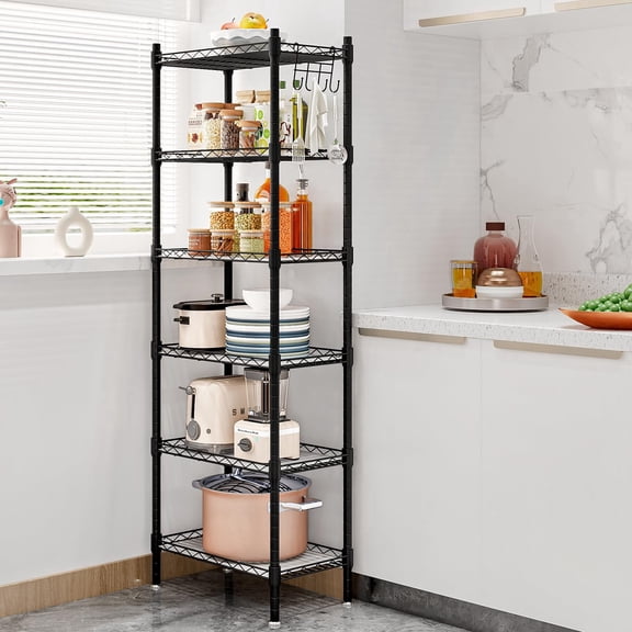 6 Wire Metal Shelf Storage Rack Multilayer Display Hanging Organizer for Kitchen Laundry Garage Bathroom Pantry Closet Office Black Adjustable