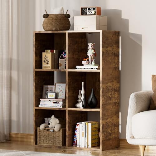 6 Wood Cube Storage Organizer with Open Back and Removable Back Panels, 11In Brown Cube Storage Bookshelf, Cubicle Shelf Bookcase for Home Office Bedroom Living Room, Vertical or Horizontal