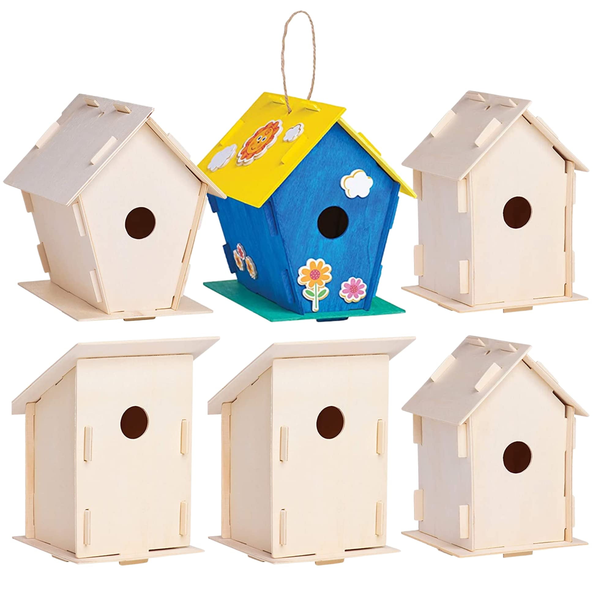 6 Wooden Birdhouse Kits - DIY Arts & Crafts Set for Kids - Includes Paint & Stickers