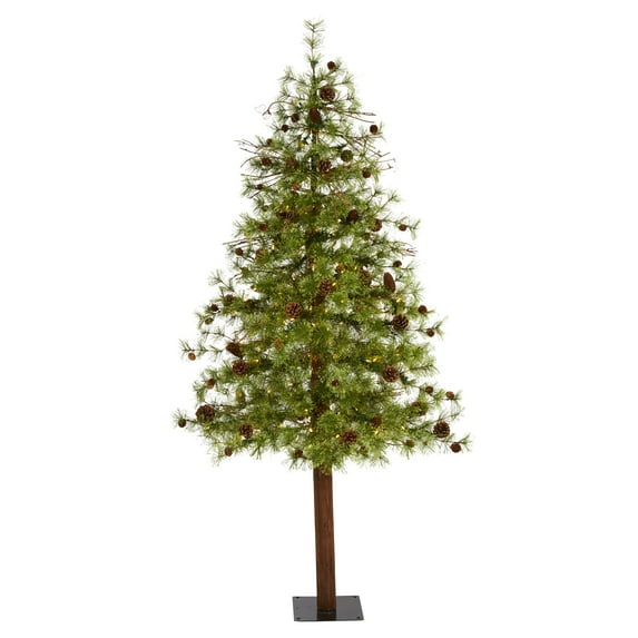 Nearly Natural 6ft. Wyoming Alpine Artificial Christmas Tree with 150 Clear (Multifunction) LED Lights and Pine Cones on Trunk