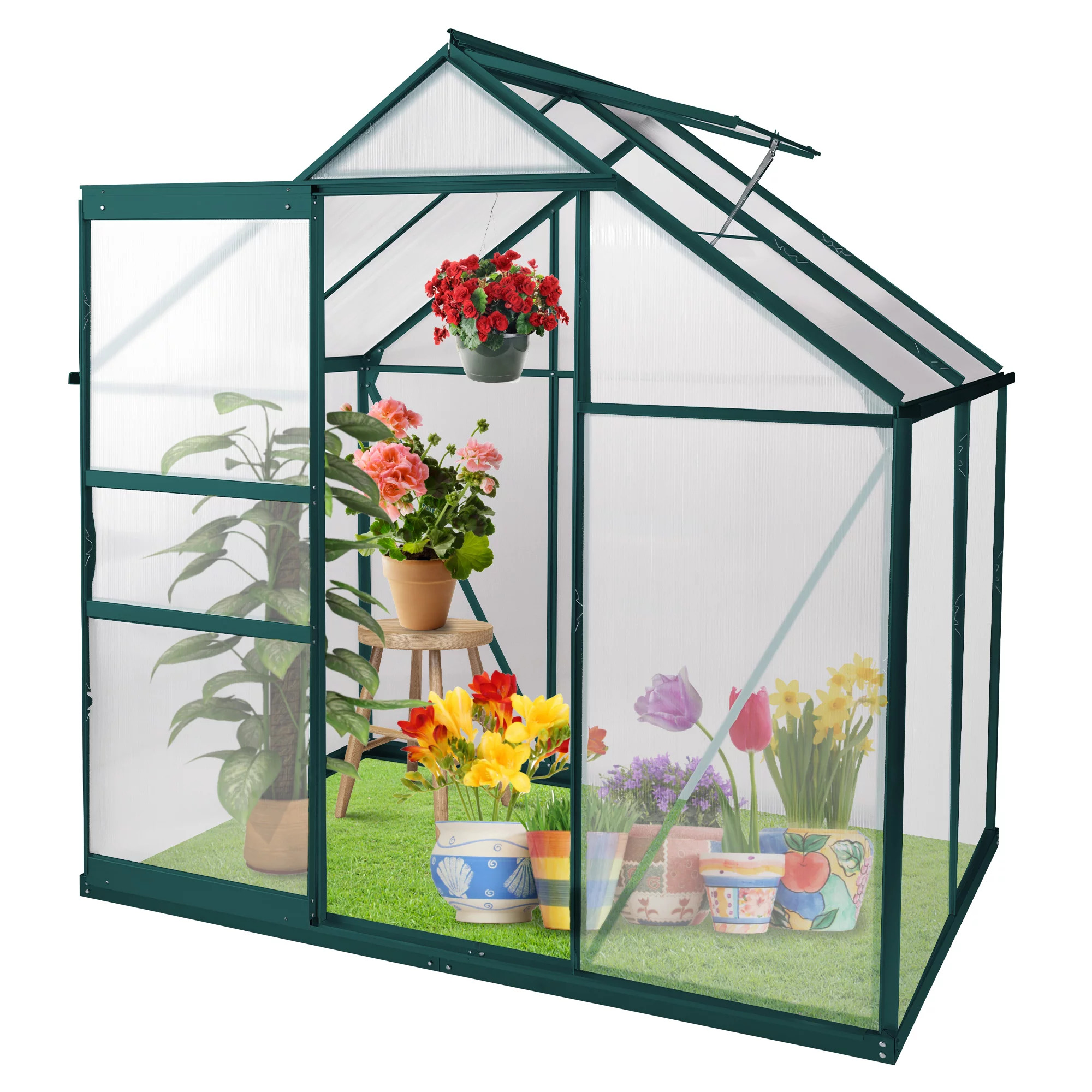 6'X 4' Walk-In Greenhouse with Roof Vent and Rain Gutter for Outside,Polycarbonate Aluminum Heavy Duty Greenhouse for Flowers, Vegetables, Plants Backyard Garden - image 1 of 7