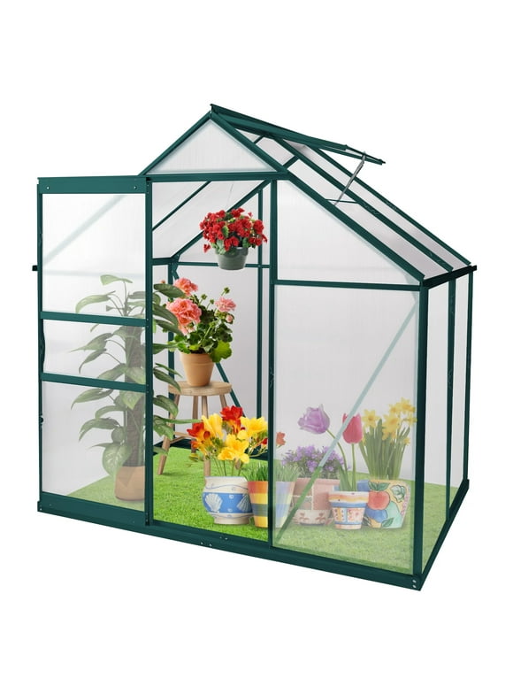 6'X 4' Walk-In Greenhouse with Roof Vent and Rain Gutter for Outside,Polycarbonate Aluminum Heavy Duty Greenhouse for Flowers, Vegetables, Plants Backyard Garden