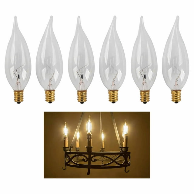 6 X 40W 120V Clear Light Bulbs Candelabra Base Chandelier Candle Shape Flame Tip