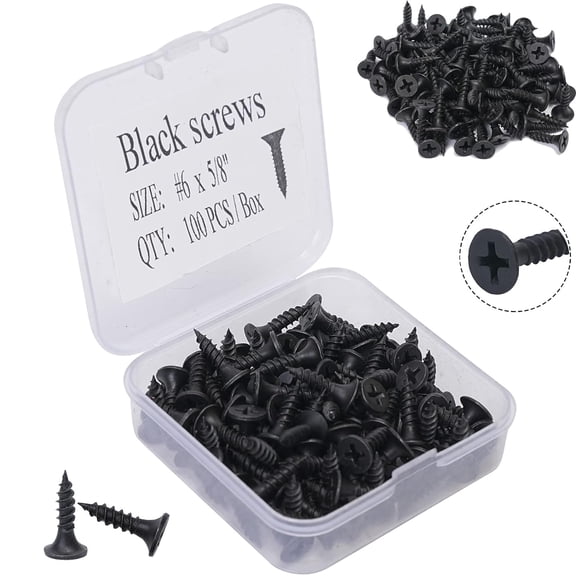 #6 X 5/8" Wood Screws 100pcs Black Flat Phillips Screws Self Tapping Wood Screws Carbon Steel Assorted Drywall Screws for Wood, Cabinet, Furniture