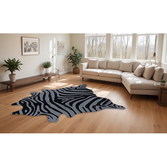 6' X 7' Gray and Black Zebra Print Genuine Cowhide Area Rug