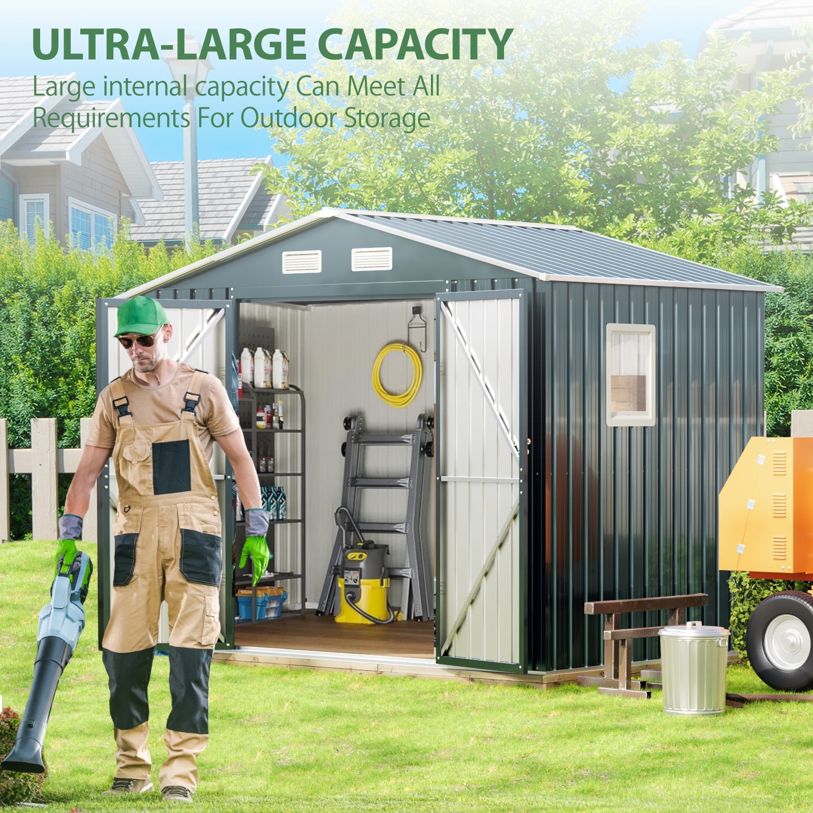 Aidek 6x8 FT Outdoor Metal Storage Shed With Floor & 2 Lockable Doors, Gray, For Patio, Backyard, Garden Tools, Bikes